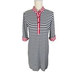 Gretchen Scott Striped Jersey Dress Womens Large Navy White 3/4 Sleeves Nautical
